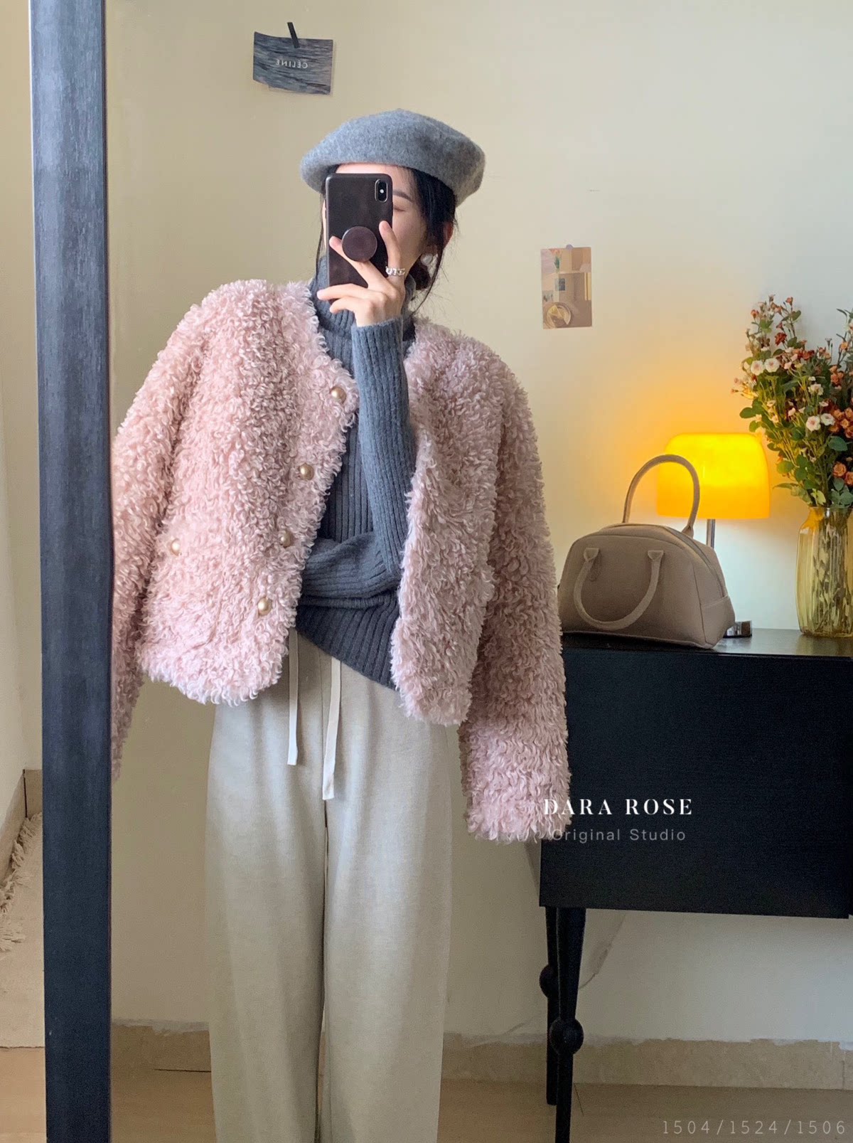 韩系高端洋气皮粉色卷羊羔毛皮毛一体短外套