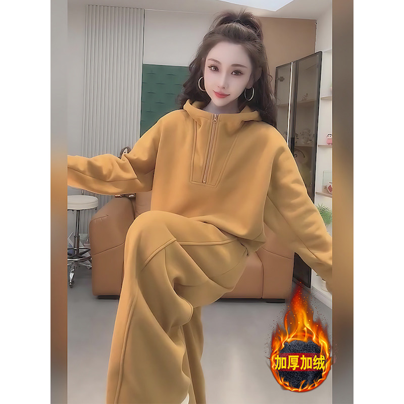 连帽拉链卫衣套装女秋冬加绒加厚宽松大码显瘦运动休闲一整套穿搭