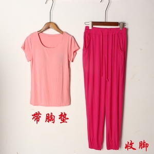 天天特价夏女带胸垫瑜伽服莫代尔短袖t恤灯笼裤两件套家居服套装