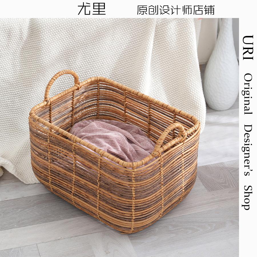 日式编织杂物收纳筐藤编带提手杂物宜家收纳篮铁架编制杂物收纳筐