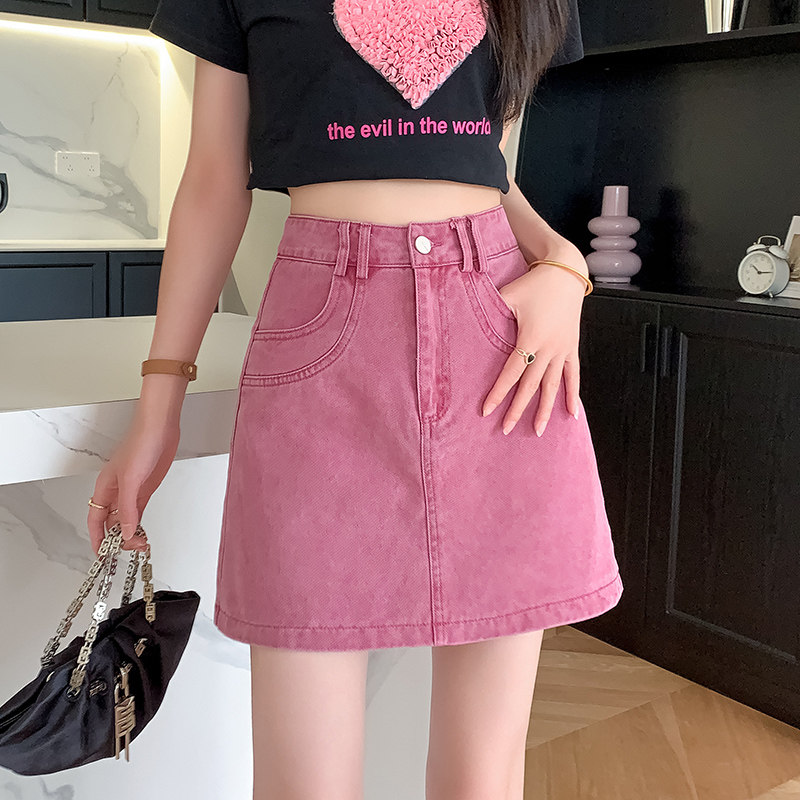 粉色高腰牛仔半身裙女2024春夏季辣妹百搭短裙遮肚子A字包臀裙子