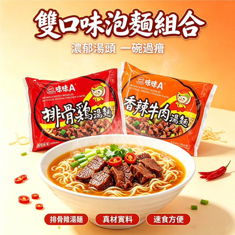 台湾进口味味A排骨鸡味香辣牛肉味方便面条味丹泡面速食肉骨茶面