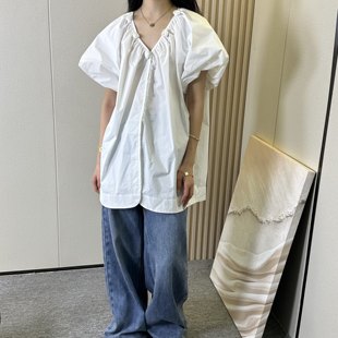 宽松盖臂简约百搭中长款 短袖 女2024夏季 上衣网红款 泡泡袖 花朵衬衫