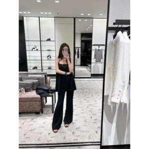 LINA 气质套装黑色露背绑带吊带背心女夏季微喇裤拖地裤两件套ins