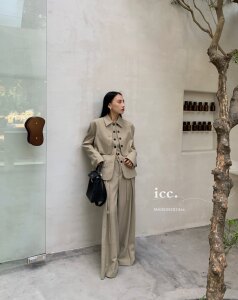icc 2024早春三件套西装裤女可拆卸两件套西服高腰阔腿拖地裤套装
