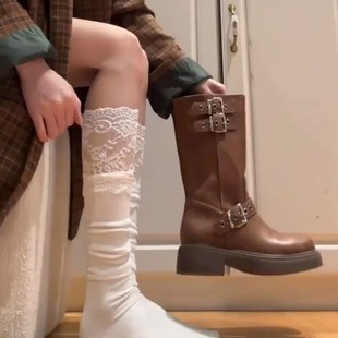 袜子女小腿袜纯棉蕾丝花边长靴袜jk长筒秋冬季 过膝袜白色中筒袜