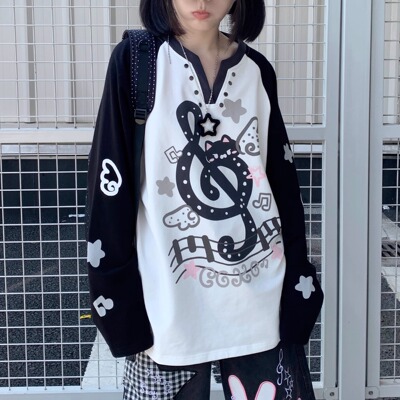 扣扣商店CokoStore 原创可爱亚萌猫咪音符印花长袖T恤显瘦百搭