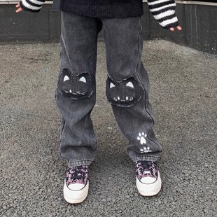 扣扣商店CokoStore原创小猫贴布刺绣牛仔裤加绒黑色显瘦百搭