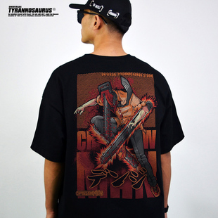 日系动漫卡通电次帕瓦电锯人短袖T恤纯棉重磅落肩over size潮牌