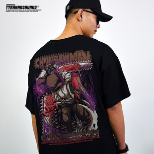 潮牌日本动漫电次电锯人短袖T恤男女圆领重磅纯棉印花over size