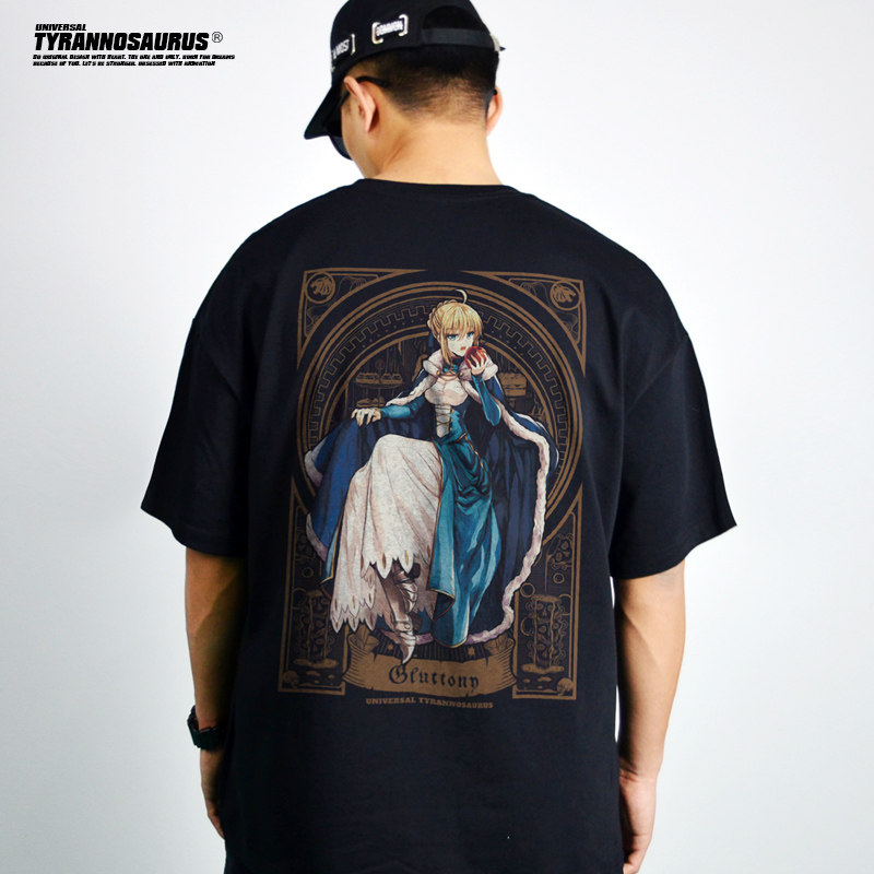 日系动漫Fate/stay night命运之夜短袖T恤重磅落肩纯棉夏男女宽松