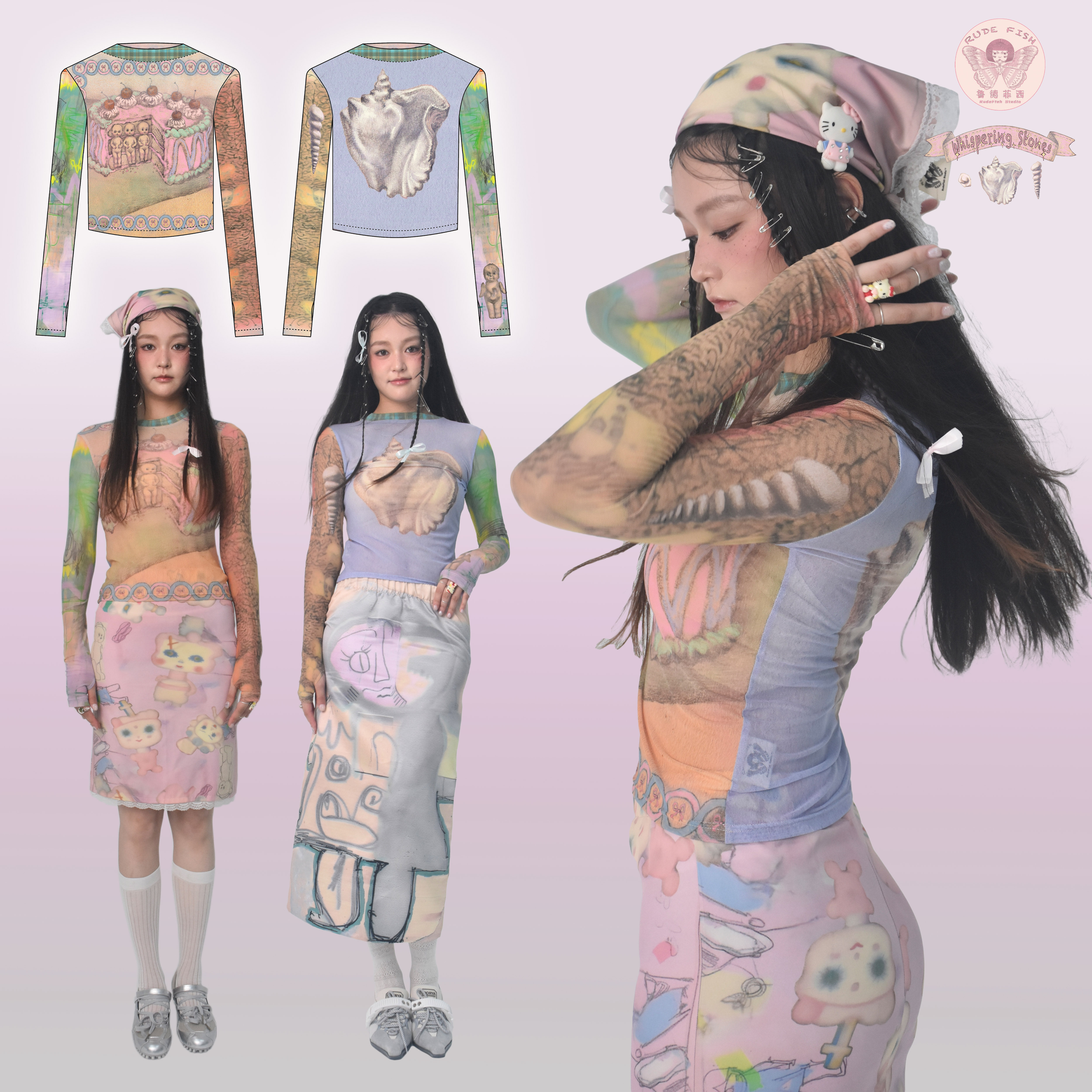 双面穿弹力修身印花网纱原创插画