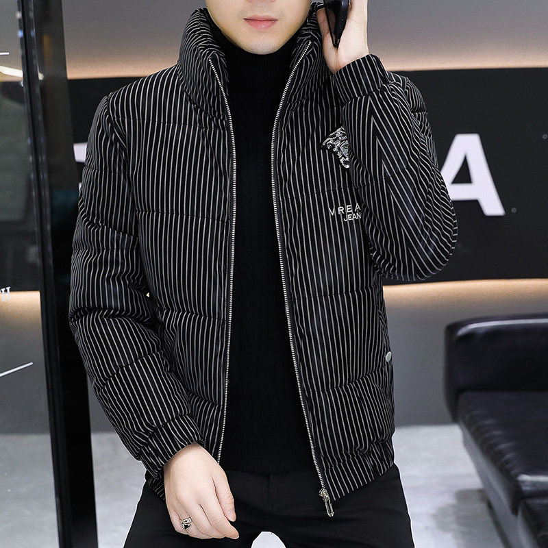 2024立领竖条男士棉衣修身韩版加厚冬季保暖棉服外套潮牌上衣男装