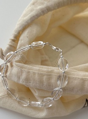 s925纯银夏季椭圆随形不规则天然白水晶手串银手链时尚轻奢冷淡