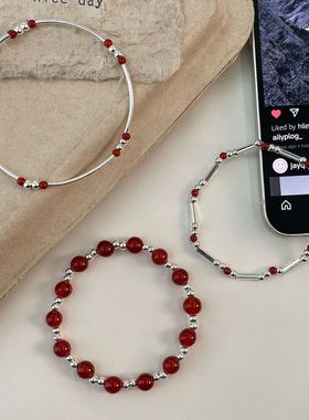 S925纯银银珠红玛瑙手链轻奢高级ins简约百搭时尚风格小众设计