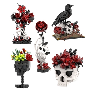 积木玩具 万圣节乌鸦头骨花骷髅头玫瑰摆件MOC拼装 高砖零件