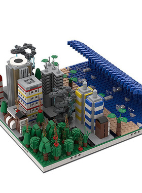 世界末日海啸火灾城市灾难场景模型摆件MOC-37911拼装积木玩具