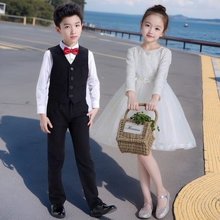 女童加绒礼服演出服钢琴公主裙儿童连衣裙白色长袖 纱裙蓬蓬裙男女