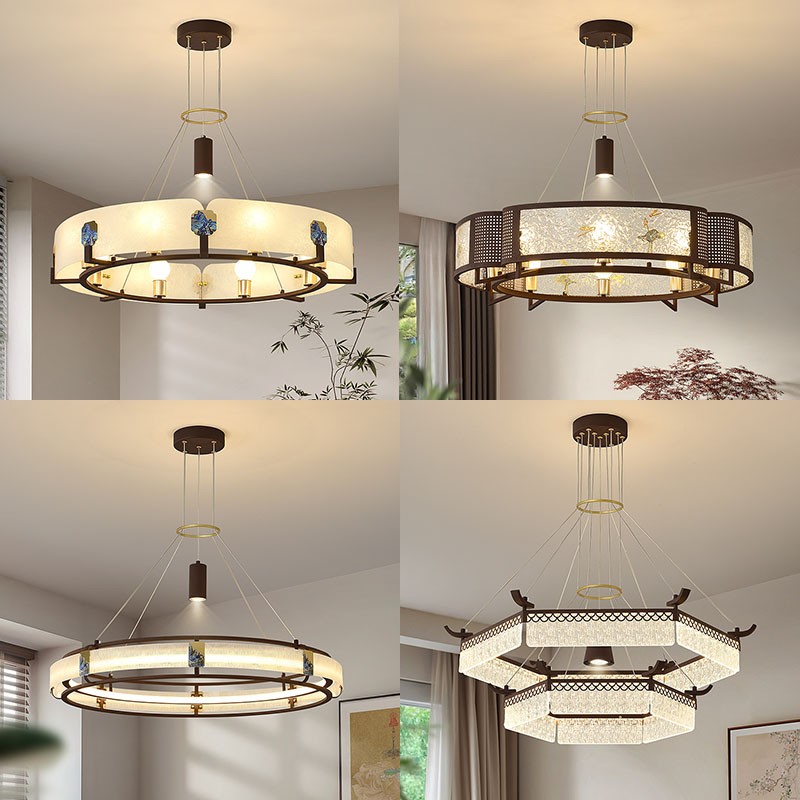 新中式吊灯饭店餐厅包间灯新款圆形LED酒店客厅餐饮餐馆包厢灯具