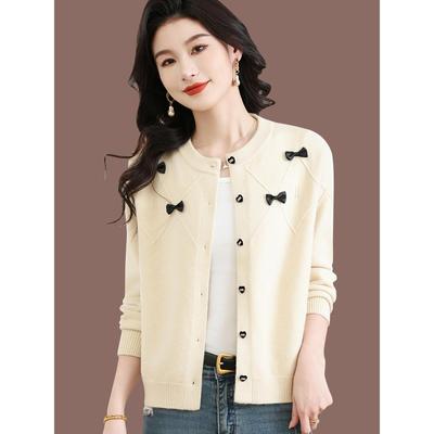 早春圆领蝴蝶结开衫毛衣女2025春秋季新款外搭羊毛针织外套上衣