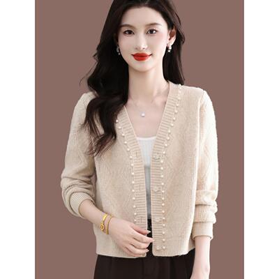 早秋高腰小个子上衣2025春秋简约V领钉珠羊毛针织开衫女短款外套