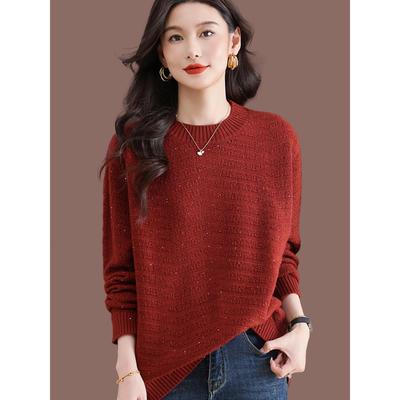 红色圆领亮片羊毛针织毛衣女2025秋冬新款宽松显瘦洋气开叉打底衫