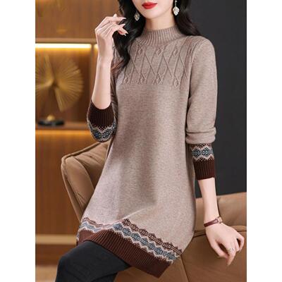 毛衣女中长款2025秋冬新款宽松女针织A字连衣裙半高领打底羊毛衫