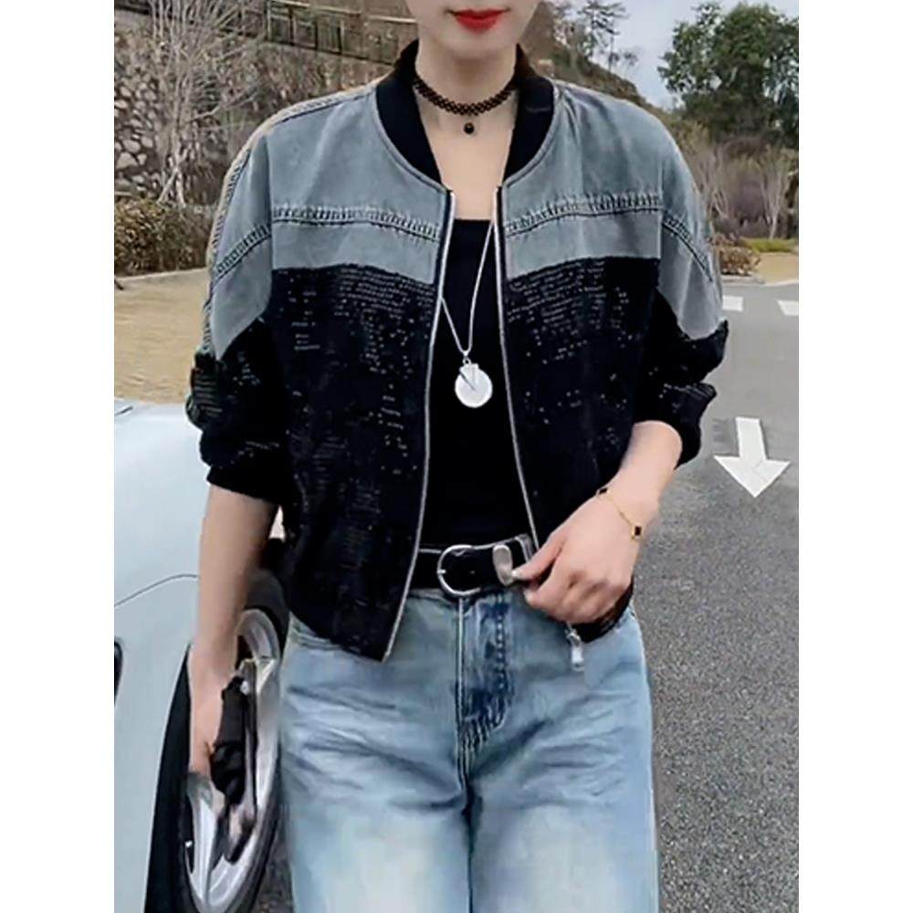 时尚气质亮片拼接立领短外套女2025春季新款宽松休闲百搭夹克上衣