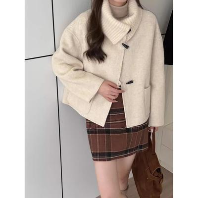 双面羊绒大衣女短款2025秋冬新款韩版宽松显瘦针织领牛角扣外套