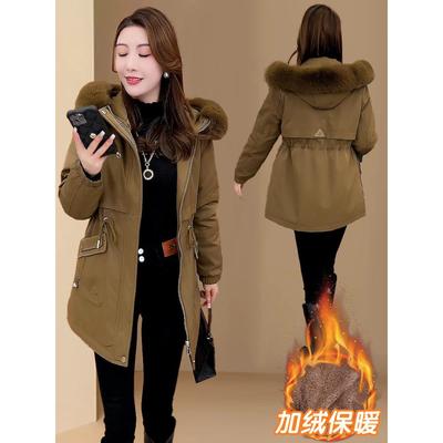加绒加厚中长款派克服女2025冬季新款棉袄收腰显瘦大毛领棉衣外套
