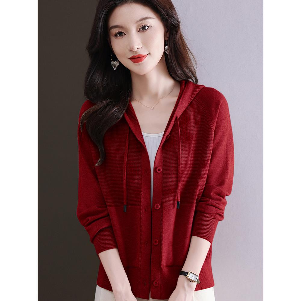 连帽针织衫开衫宽松红色外搭上衣春秋新款女装洋气羊毛衫毛衣外套