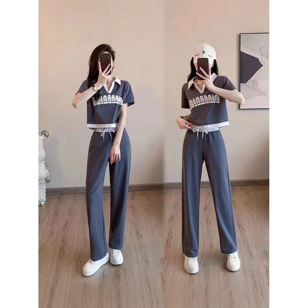 胖东来时尚运动服套装女夏潮V领短袖T阔腿裤两件套休闲洋气两件套