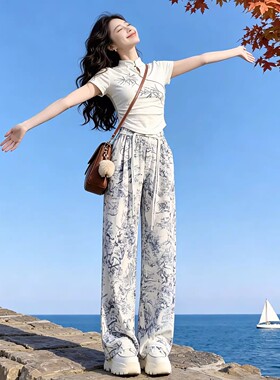 胖东来新中式套装女夏季减龄显瘦国风盘扣上衣水墨阔腿裤休闲运动