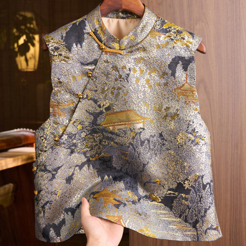 胖东来新中式国风高端印花波浪花边马甲女立领盘扣高级感马夹背心