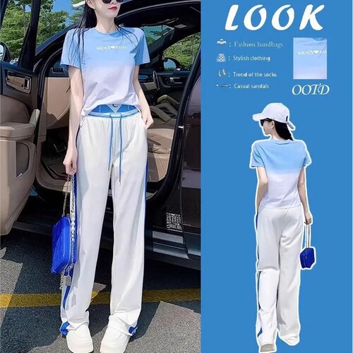 胖东来单件/时尚装女夏款洋气蓝色短款t恤上衣短袖休闲运动裤阔腿