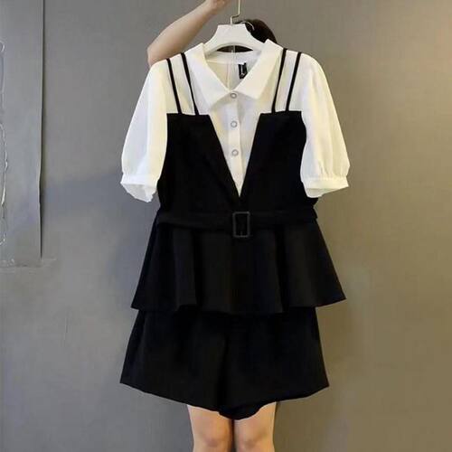 胖东来单件/胖妹妹大码女装夏季新款假两件短袖翻领衬衫显瘦休闲