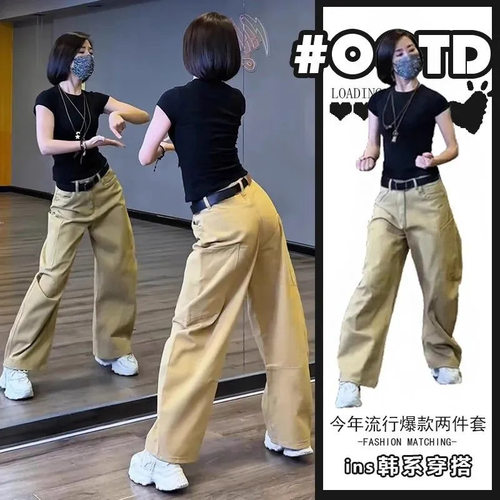 胖东来单件/小众设计感时尚复古百搭显瘦短袖T恤搭配卡其色高腰阔