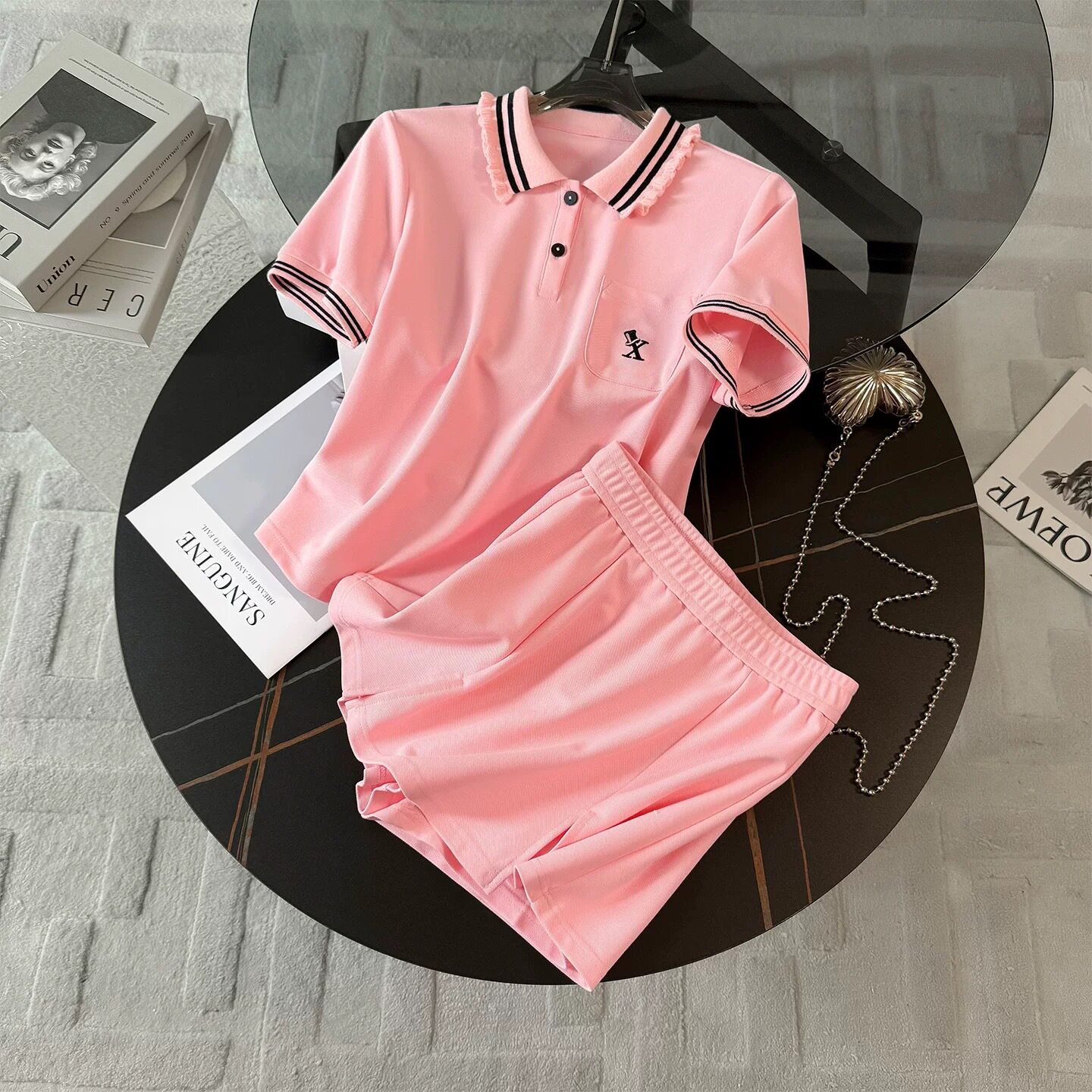 胖东来韩版运动休闲套装裙女夏季新款时髦减龄刺绣Polo领上衣裤裙