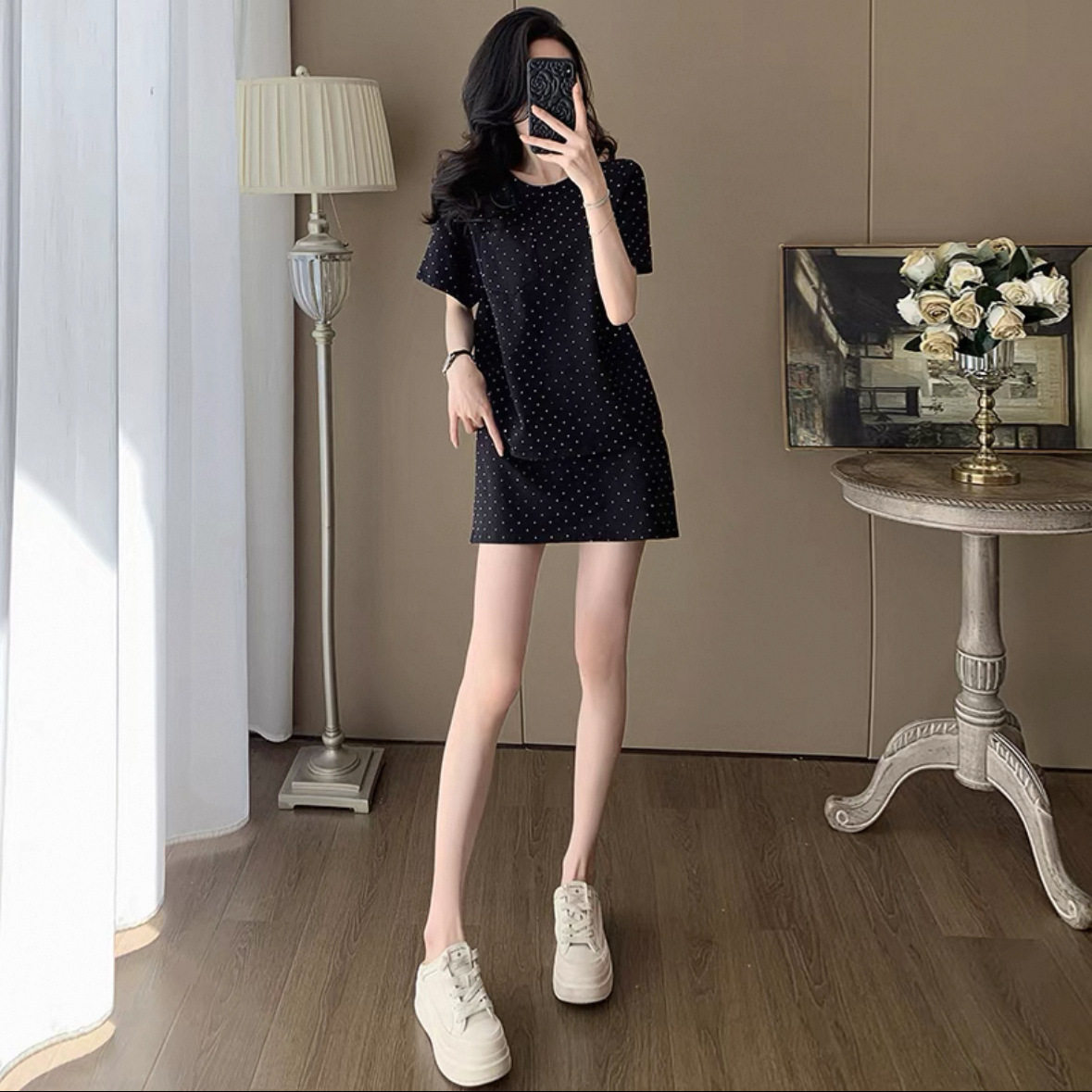 胖东来chic韩版显瘦休闲运动套裙女2025夏高级感黑色短袖T恤短裙
