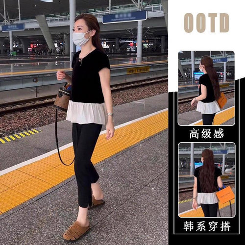 胖东来单件/法式复古撞色拼接短袖上衣女2025夏新紧身显瘦八分裤