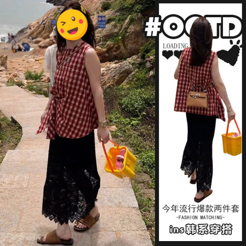 胖东来单件/设计感别致蝴蝶结格子上衣黑色后开叉半身裙茶歇风气