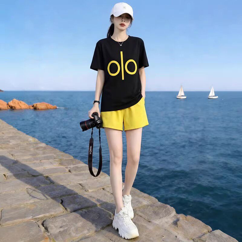 胖东来潮流时尚休闲运动套装女夏季宽松个性字母短袖黄色短裤薄款