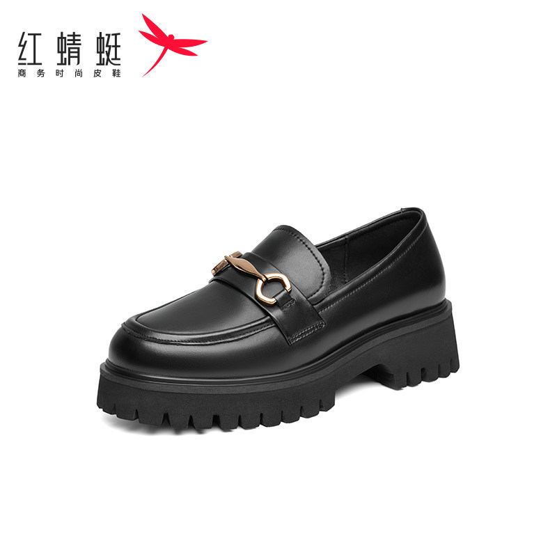 红蜻蜓真皮女鞋秋冬单鞋小皮鞋女系带深口粗跟厚底乐福鞋断码清仓
