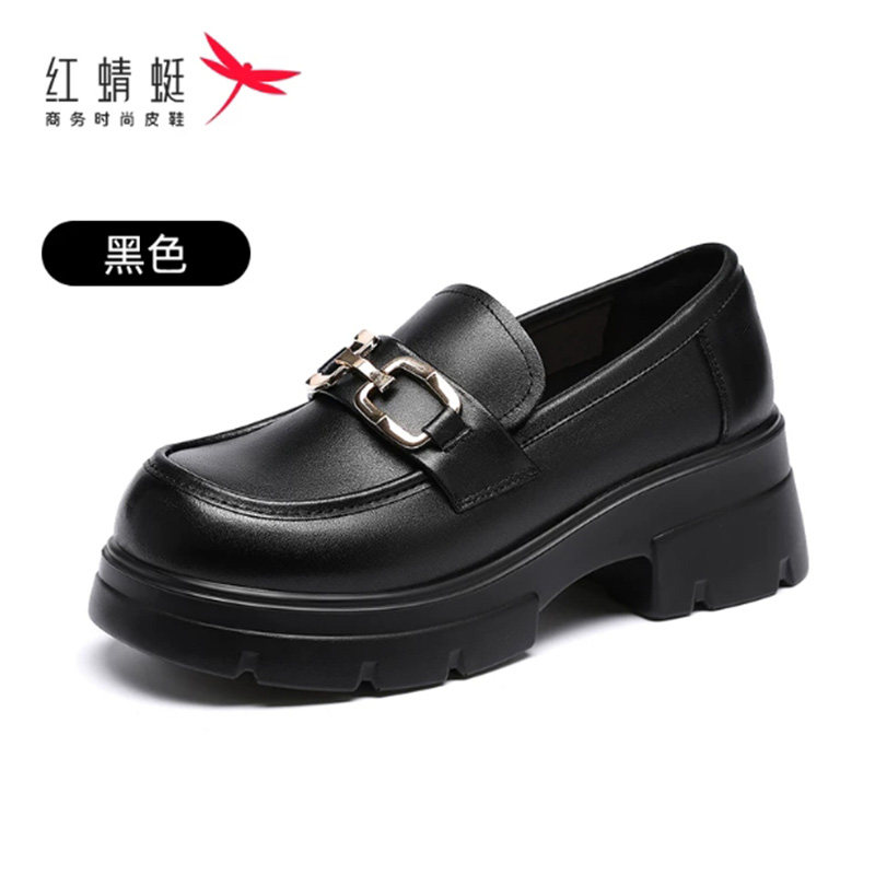 红蜻蜓一脚蹬乐福鞋女配裙子百搭通勤英伦厚底增高小皮鞋断码清仓