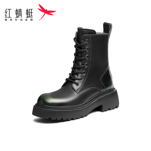 红蜻蜓品牌女鞋软皮单靴新款加绒短筒女靴女鞋中跟马丁靴断码清仓