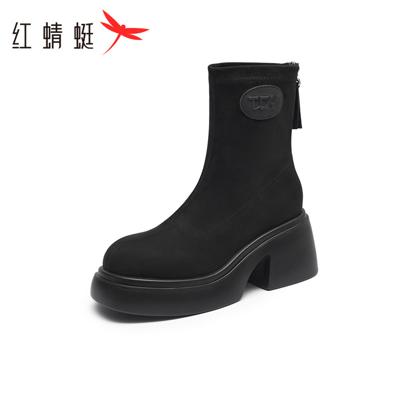 红蜻蜓妈妈款马丁靴女加绒保暖短靴棉靴冬季靴子女款粗跟断码清仓