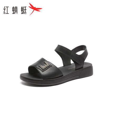 红蜻蜓凉鞋女夏季新款正品一字带凉鞋休闲平底真皮女凉鞋断码清仓