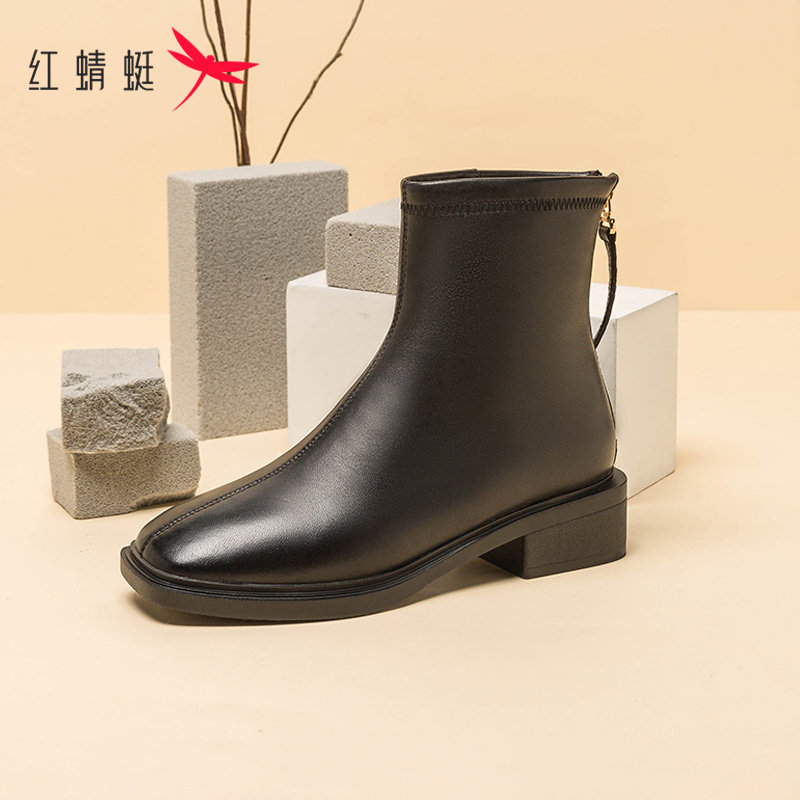 红蜻蜓女鞋冬季加绒皮靴高跟女士英伦风短靴妈妈鞋二棉鞋断码清仓