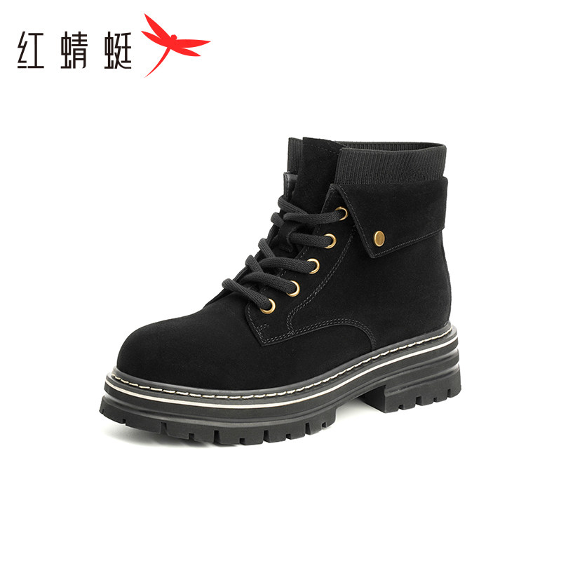 红蜻蜓短靴女冬季新款粗跟正品