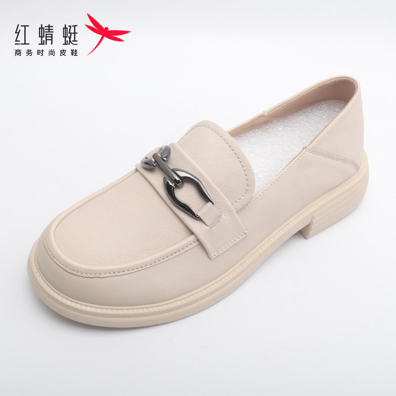 红蜻蜓女单鞋厚底一脚蹬乐福鞋妈妈鞋低跟套脚牛皮单鞋断码清仓